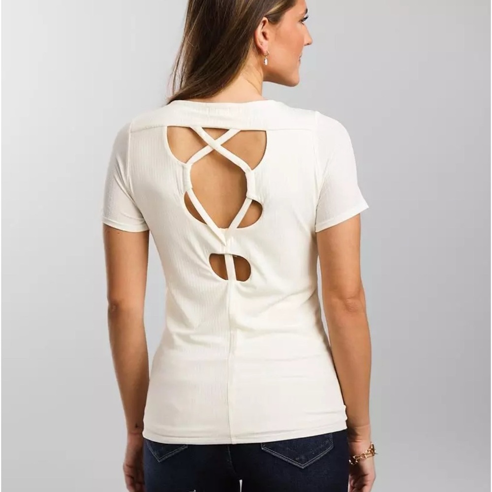 NWT Buckle Black Cream Twist Front‎ Ribbed Top
